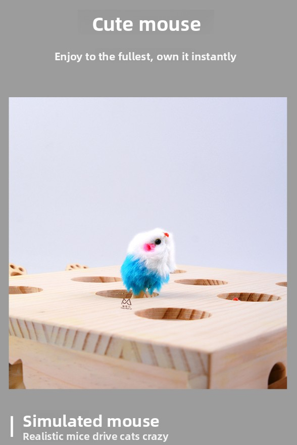 Interactive Wooden Cat Toy Whack-A-Mole Box - Solid Pine Puzzle Game with Pop-Up Plush Mice - Mental Enrichment & Bonding for Indoor Cats