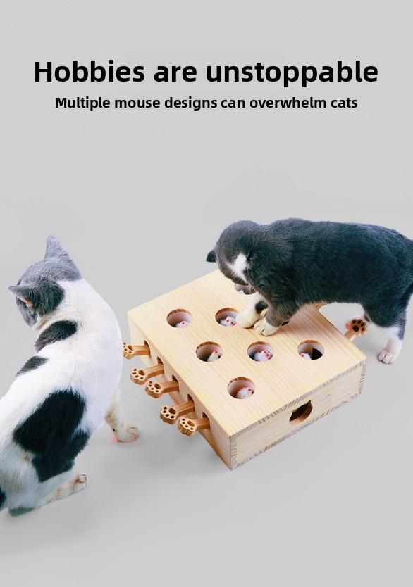 Interactive Wooden Cat Toy Whack-A-Mole Box - Solid Pine Cloud Puzzle with Pop-Up Cartoon Figures - Mental Enrichment & Bonding Game for Indoor Cats