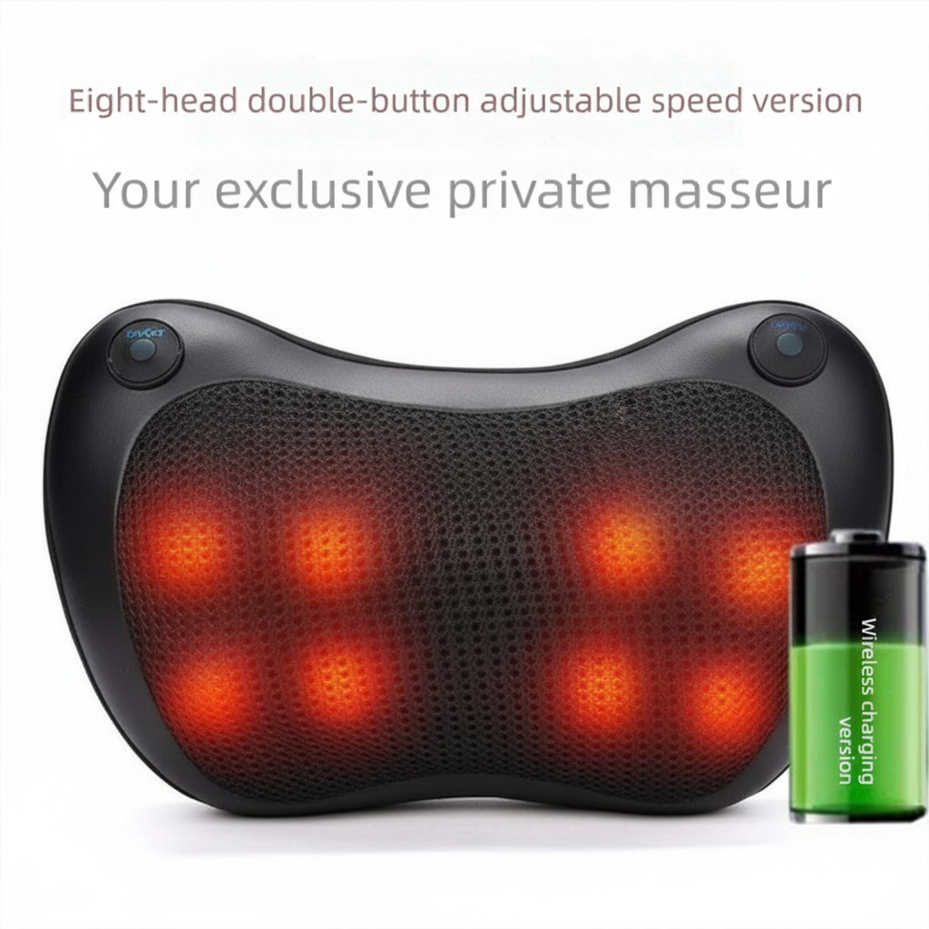 Cordless Rechargeable Shiatsu Massage Pillow - 8 Node Deep Kneading Neck &amp; Back Massager with Heat - Wireless Portable Cushion for Home Car &amp; Travel - Black