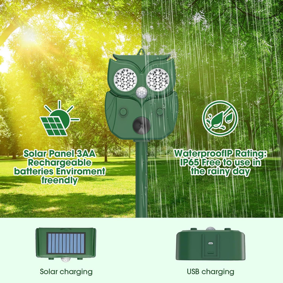 Solar Ultrasonic Animal Repeller - Owl Design with 14 LED Flashing Lights - Outdoor Motion Sensor Deterrent for Birds, Cats, Dogs &amp; Rodents - 5 Adjustable Modes with USB Charging