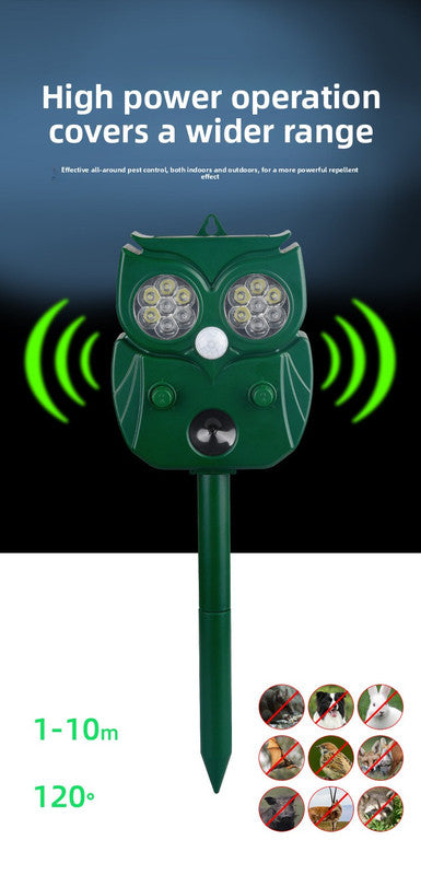 Solar Ultrasonic Animal Repeller - Owl Design with 14 LED Flashing Lights - Outdoor Motion Sensor Deterrent for Birds, Cats, Dogs & Rodents - 5 Adjustable Modes with USB Charging