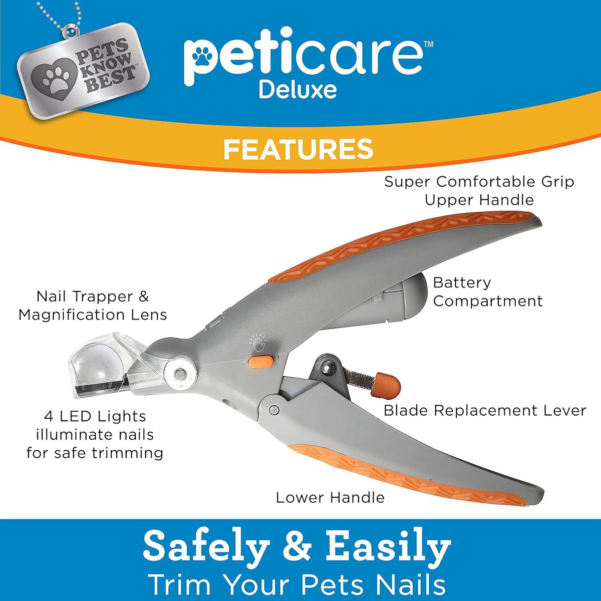 Illuminated Pet Nail Clippers with LED Light & Magnifier - Safety Claw Trimmer for Dogs & Cats - Lightweight Plastic Handle - Grey/Orange in Retail Box