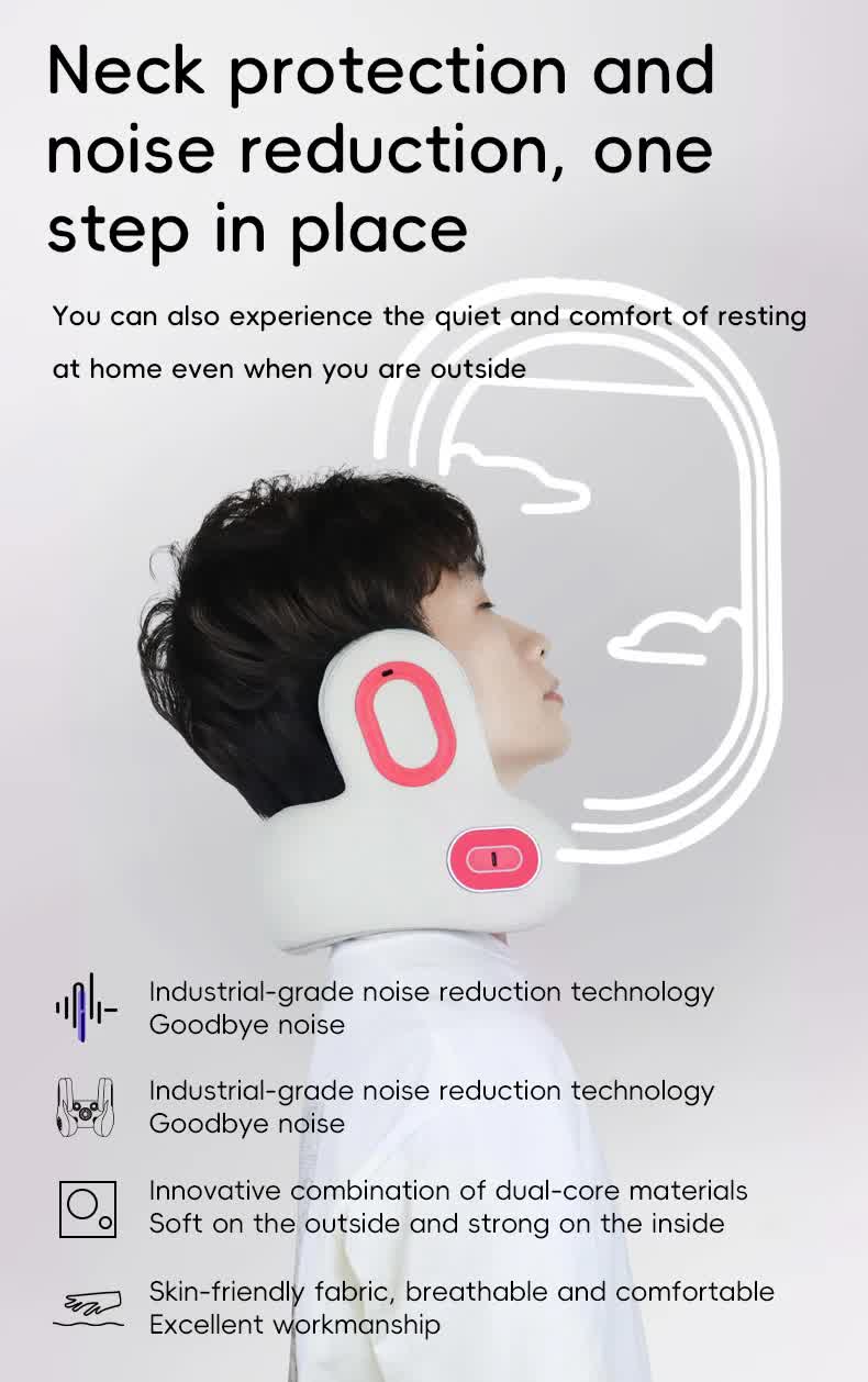 Smart 4-in-1 Travel Neck Pillow with ANC Headphones - Heated Vibration Massage & Bluetooth Audio - Memory Foam Support for Planes & Home - Beige