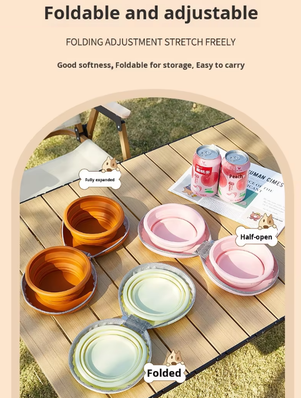 Portable Silicone Double Pet Bowl - Collapsible Travel Dog Feeder for Food & Water - 2 x 450ml Capacity with Zipper Case - Brown