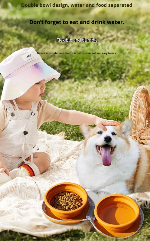 Portable Silicone Double Pet Bowl - Collapsible Travel Dog Feeder for Food & Water - 2 x 450ml Capacity with Zipper Case - Brown