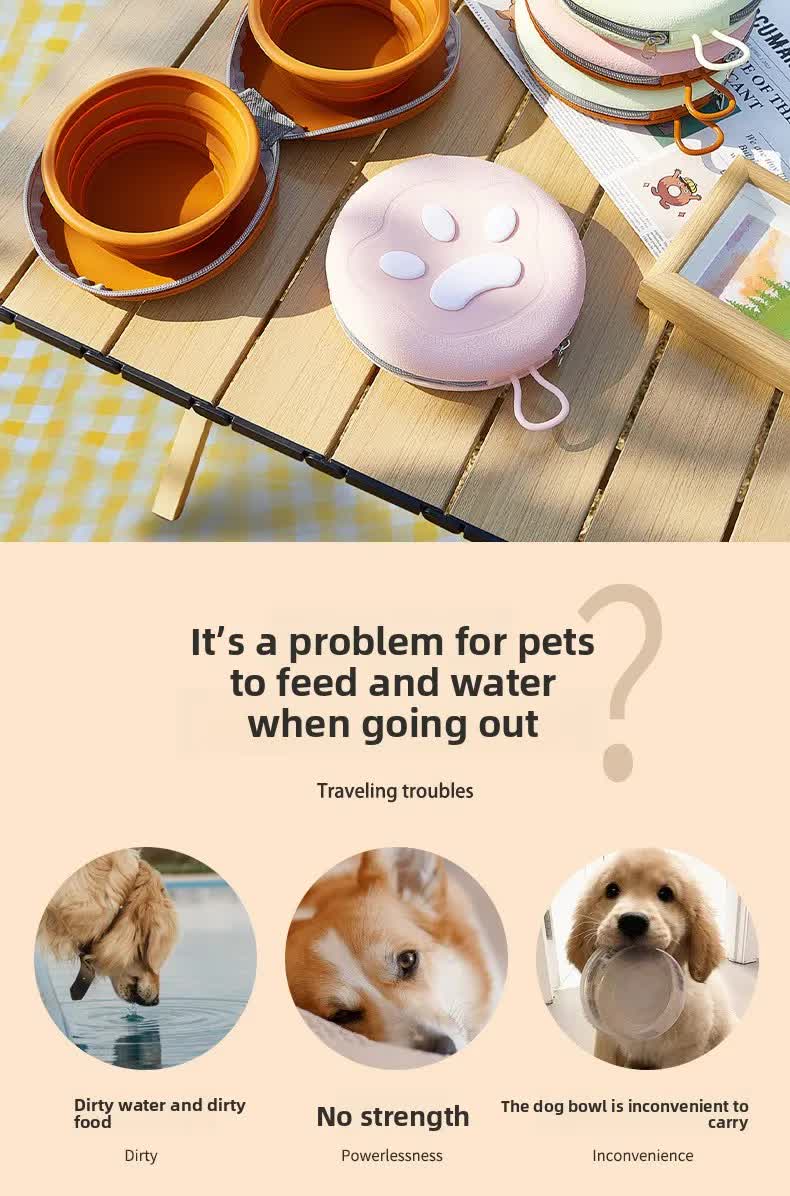 Portable Silicone Double Pet Bowl - Collapsible Travel Dog Feeder for Food & Water - 2 x 450ml Capacity with Zipper Case - Light Yellow