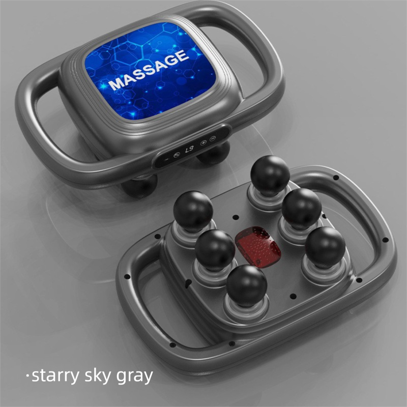 6-Head Deep Tissue Percussion Massager - Cordless Electric Muscle Gun with Red Light Therapy - 9 Speed Dual Handle Body Relaxer for Back & Legs - Starry Grey
