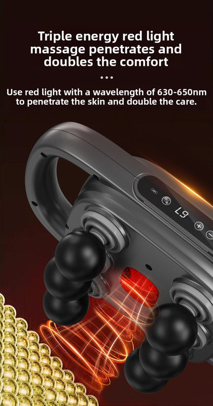 6-Head Deep Tissue Percussion Massager - Cordless Electric Muscle Gun with Red Light Therapy - 9 Speed Dual Handle Body Relaxer for Back & Legs - Ivory White