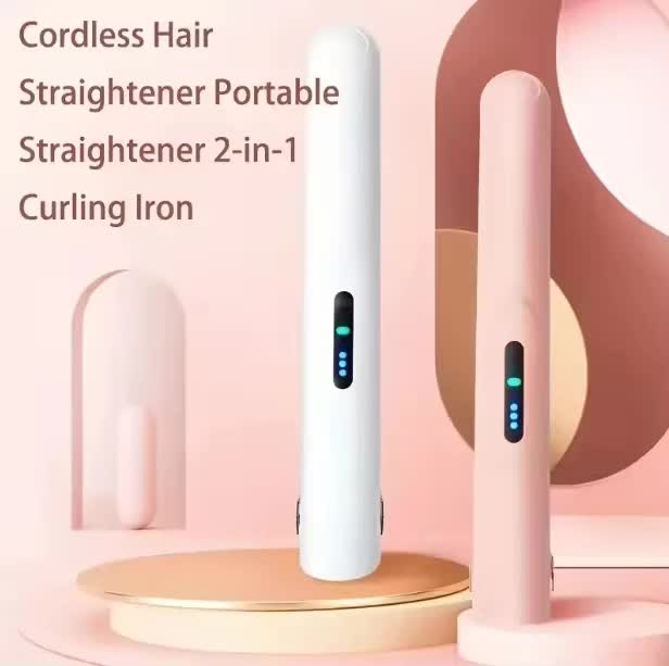 Cordless Mini Hair Straightener & Curler 2-in-1 - Portable USB Rechargeable Ceramic Flat Iron with 3 Temperature Settings - Compact Travel Styler for Bangs & Touch Ups - White