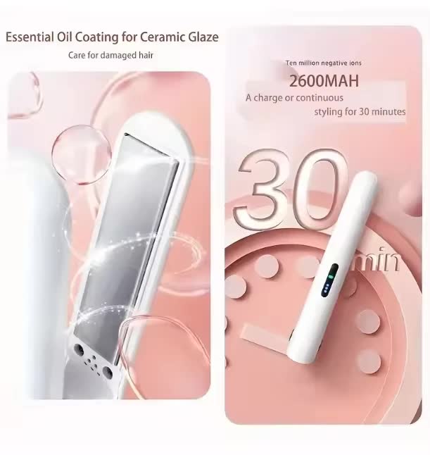 Cordless Mini Hair Straightener & Curler 2-in-1 - Portable USB Rechargeable Ceramic Flat Iron with 3 Temperature Settings - Compact Travel Styler for Bangs & Touch Ups - White