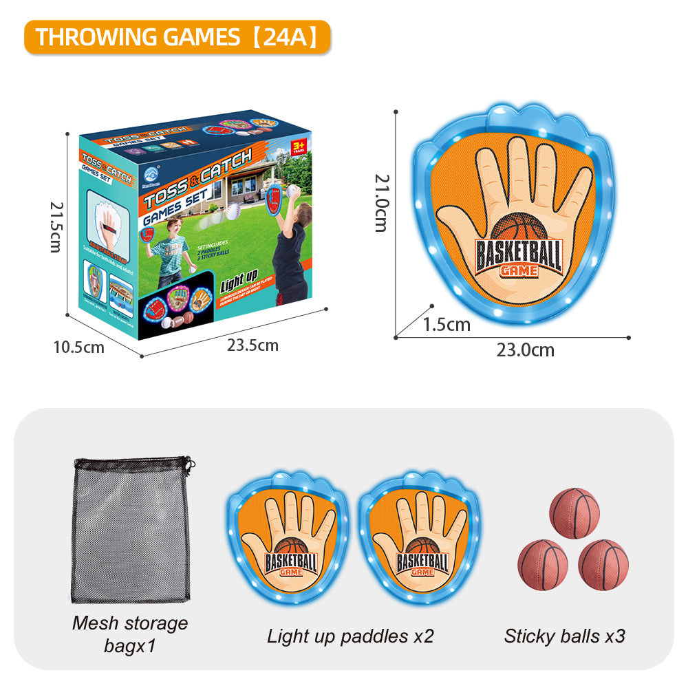 LED Light Up Toss and Catch Game Set - 2 Glowing Blue Paddles &amp; 3 Sticky Basketball - Fun Outdoor Beach &amp; Camping Toy for Kids &amp; Adults - Includes Mesh Storage Bag
