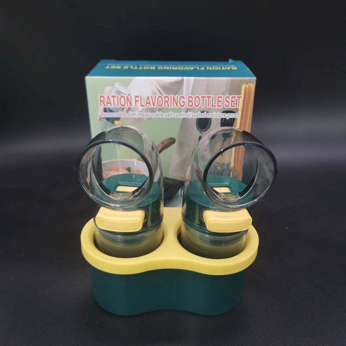 2 PCS Quantitative Salt &amp; Spice Dispenser Set with Storage Base - 0.5g Precise Metering Shakers for Salt &amp; Pepper - Push Button Portion Control Kitchen Organiser - Dark Green