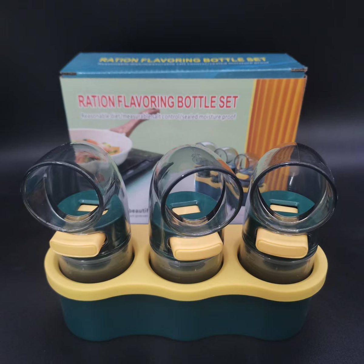 3 PCS Quantitative Salt &amp; Spice Dispenser Set with Storage Base - 0.5g Precise Metering Shakers for Salt, Pepper &amp; Spices - Push Button Portion Control Kitchen Organiser - Dark Green