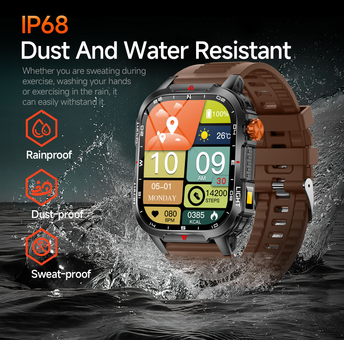 Rugged Outdoor Smart Watch for Men - 1100mAh Extra Long Battery with LED Flashlight & Compass - 2.01" HD Screen Bluetooth Calling IP68 Waterproof Fitness Tracker - Camouflage Color