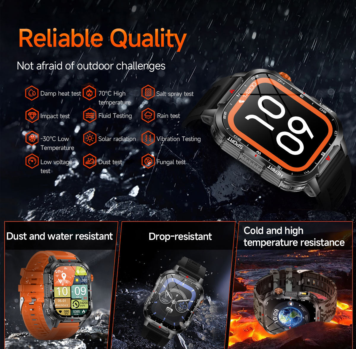 Rugged Outdoor Smart Watch for Men - 1100mAh Extra Long Battery with LED Flashlight & Compass - 2.01" HD Screen Bluetooth Calling IP68 Waterproof Fitness Tracker - Orange