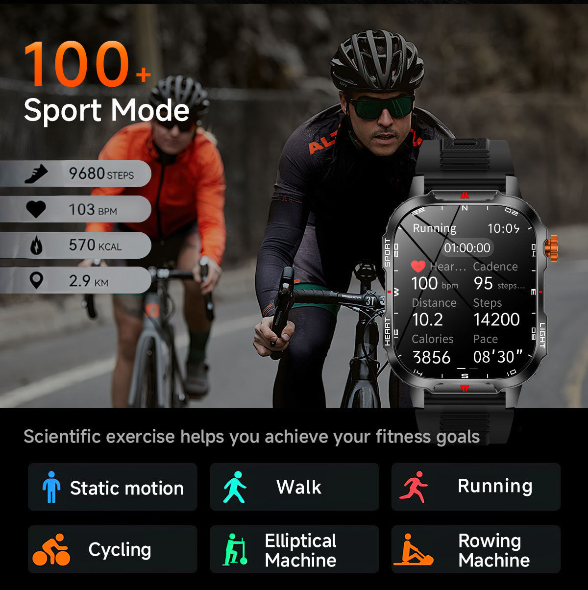 Rugged Outdoor Smart Watch for Men - 1100mAh Extra Long Battery with LED Flashlight & Compass - 2.01" HD Screen Bluetooth Calling IP68 Waterproof Fitness Tracker - Orange