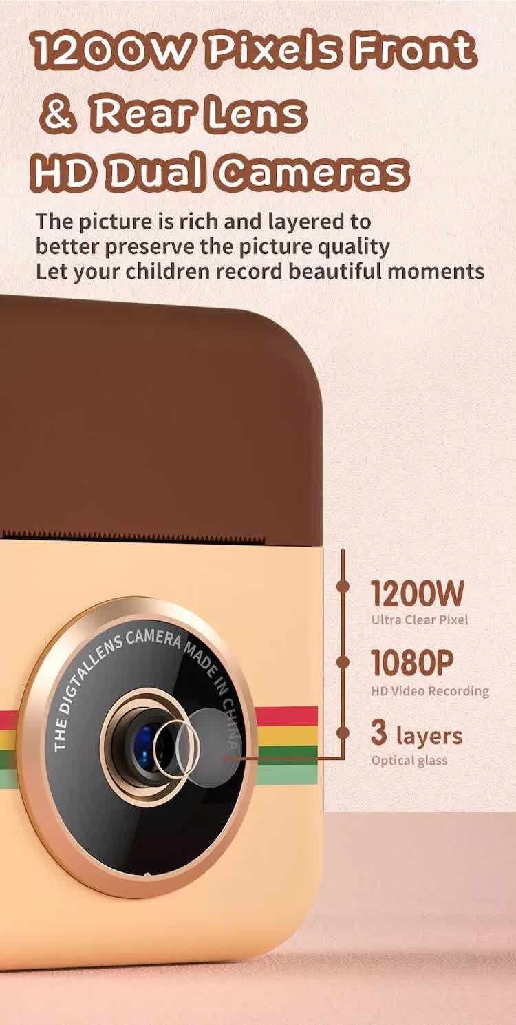 Kids Instant Print Camera with 3 Paper Rolls - Zero Ink Thermal Digital Camera & Video Recorder - 1080P Dual Lens Selfie Toy for Boys & Girls - Brown