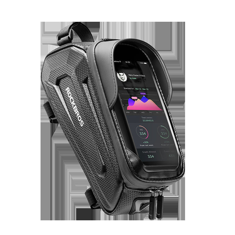 ROCKBROS Hard Shell Bike Top Tube Bag - Waterproof Cycling Frame Pouch with TPU Touchscreen Phone Holder & Sun Visor - 1.7L Large Capacity for MTB & Road Bikes - Black