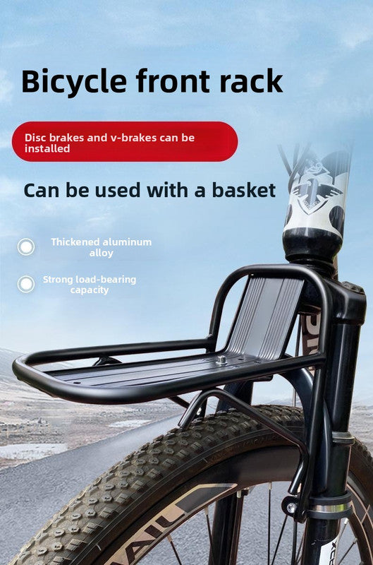 Aluminium Alloy Bicycle Front Rack Carrier Heavy Duty Fork Mount Cargo Shelf for MTB Mountain Bike Disc and V-Brake Touring Black