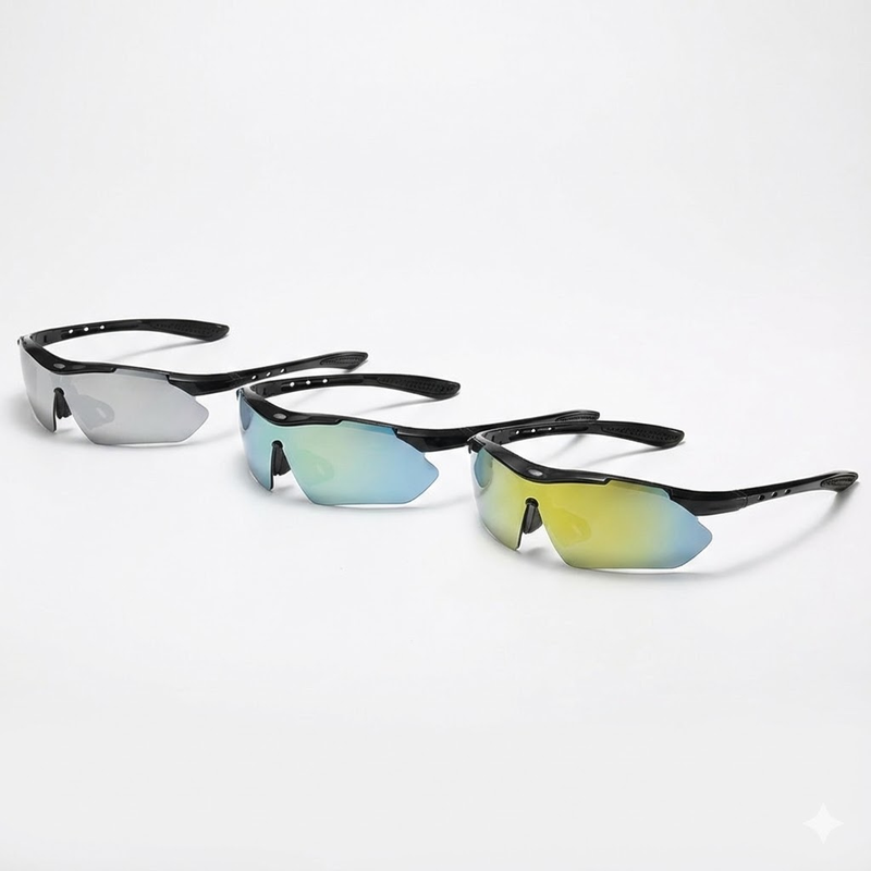 3 PCS Outdoor Cycling Sunglasses Set Black Frame Sports Glasses Silver Gold and Light Colorful Mirror Lenses UV Protection Unisex Running Fishing