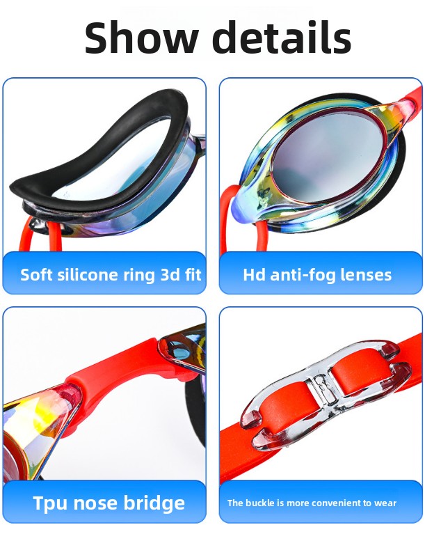 Red Swimming Goggles Mirrored Anti-Fog UV Protection Waterproof HD Silicone Seal Swim Glasses for Men Women Training