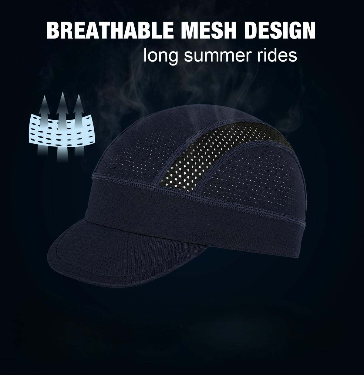Black Mesh Cycling Cap Under Helmet Liner Breathable Skull Cap with Flip Up Brim Sun Shade Moisture Wicking Hat for Bike Running Fits 55-60cm