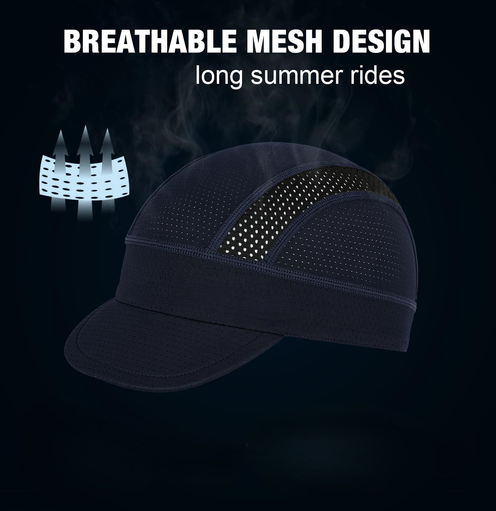 Black Mesh Cycling Cap Under Helmet Liner Breathable Skull Cap with Flip Up Brim Sun Shade Moisture Wicking Hat for Bike Running Fits 55-60cm
