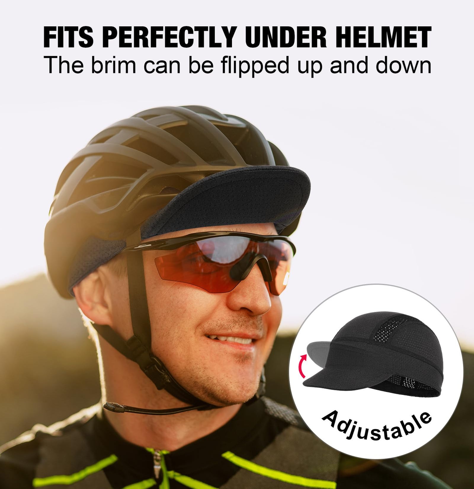 White Mesh Cycling Cap Under Helmet Liner Breathable Skull Cap with Flip Up Brim Sun Shade Moisture Wicking Hat for Bike Running Fits 55-60cm