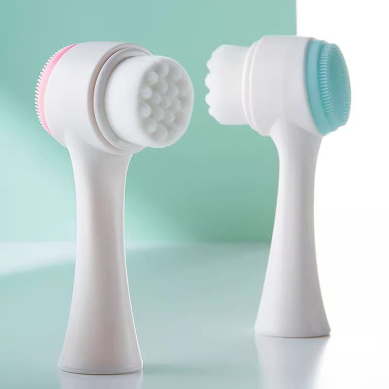 2 PCS Dual Sided Facial Cleansing Brush Set Soft Microfiber &amp; Silicone Scrubber Manual Face Washer Exfoliator Tool Blue &amp; Pink for Deep Pore Cleaning