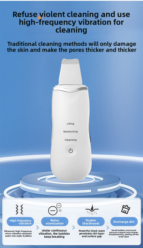 Ultrasonic Skin Scrubber Facial Spatula Blackhead Remover & Pore Cleaner with Ion EMS Lifting Mode Rechargeable Beauty Tool Black