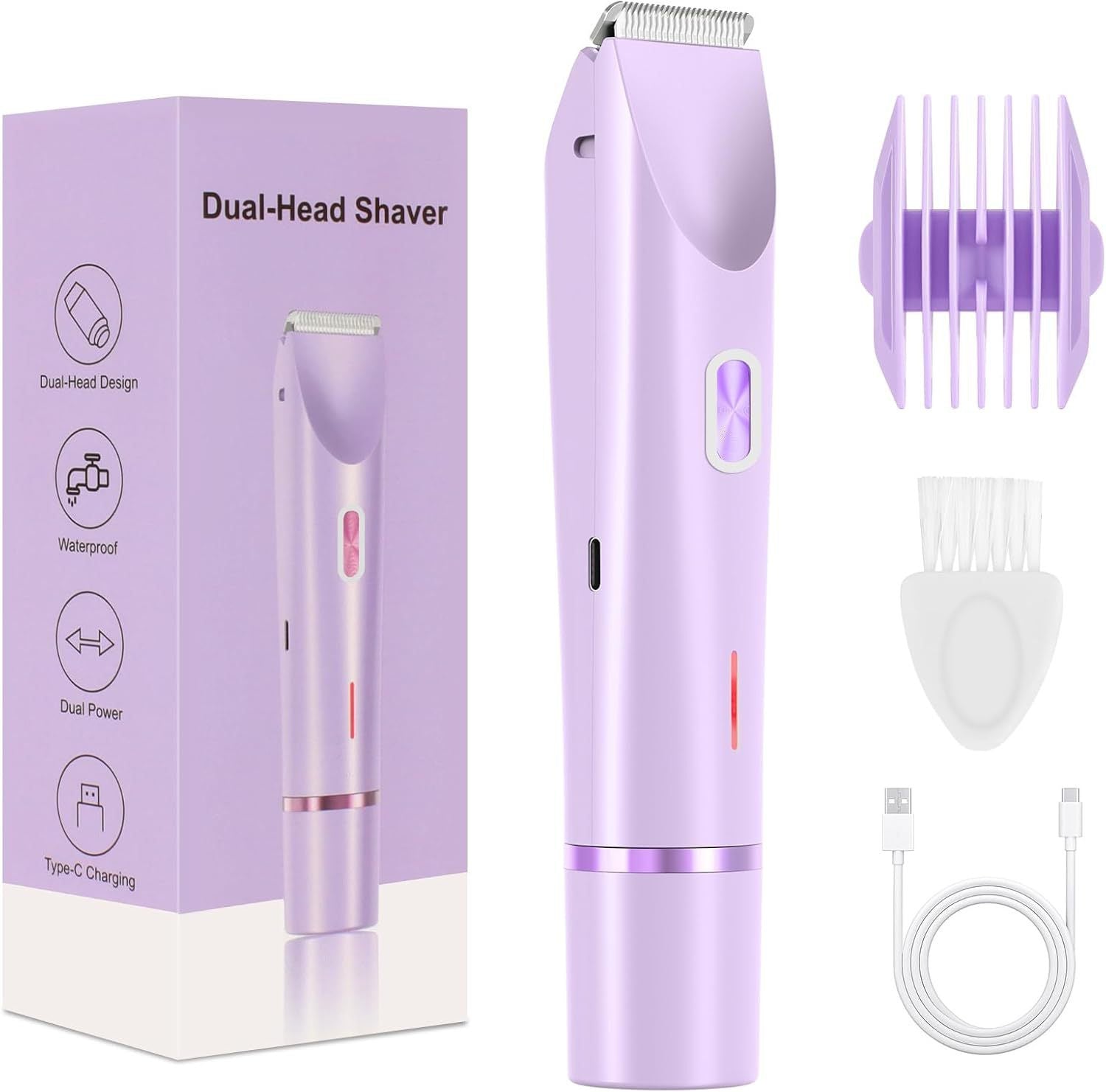 2-in-1 Electric Lady Shaver & Bikini Trimmer Dual Head Waterproof Wet & Dry Body Hair Remover Cordless Razor for Face Legs Underarms Purple