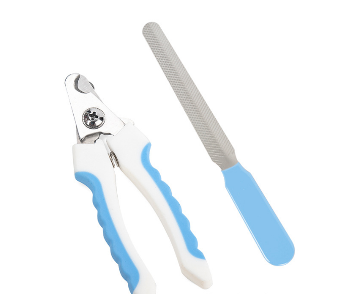 Pet Nail Clippers &amp; File Set for Small Dogs Cats Stainless Steel Claw Trimmer with Safety Guard Non-Slip Handle Grooming Tool White &amp; Blue