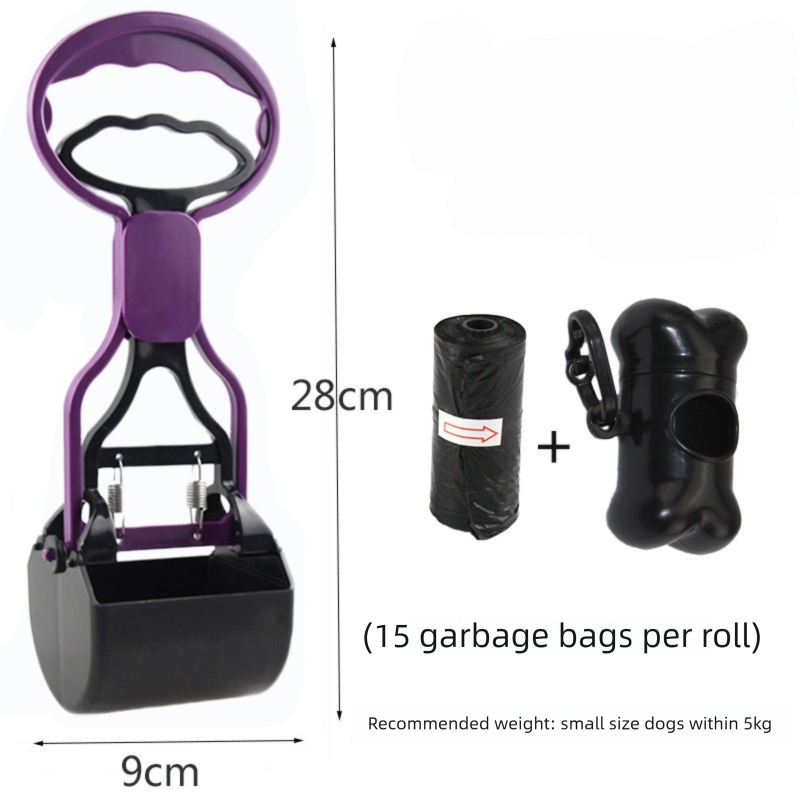Portable Pet Pooper Scooper 28cm Handheld Dog Waste Jaw Claw Picker with Bone Dispenser &amp; Waste Bags Purple