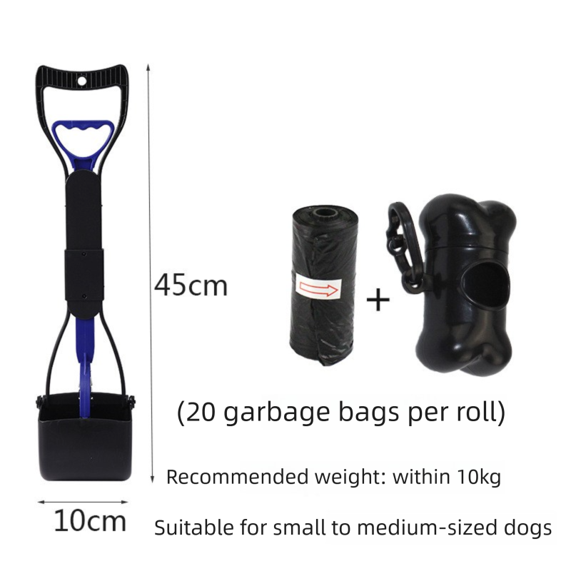 Medium Foldable Pet Pooper Scooper 45cm Portable Dog Waste Jaw Clamp with Bone Dispenser &amp; 20 Bags Blue