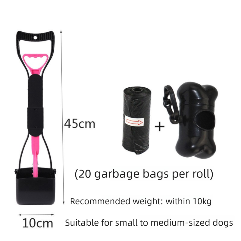 Medium Foldable Pet Pooper Scooper 45cm Portable Dog Waste Jaw Clamp with Bone Dispenser &amp; 20 Bags Pink