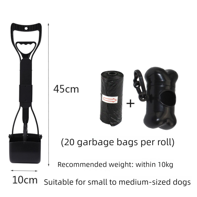 Medium Foldable Pet Pooper Scooper 45cm Portable Dog Waste Jaw Clamp with Bone Dispenser &amp; 20 Bags Black