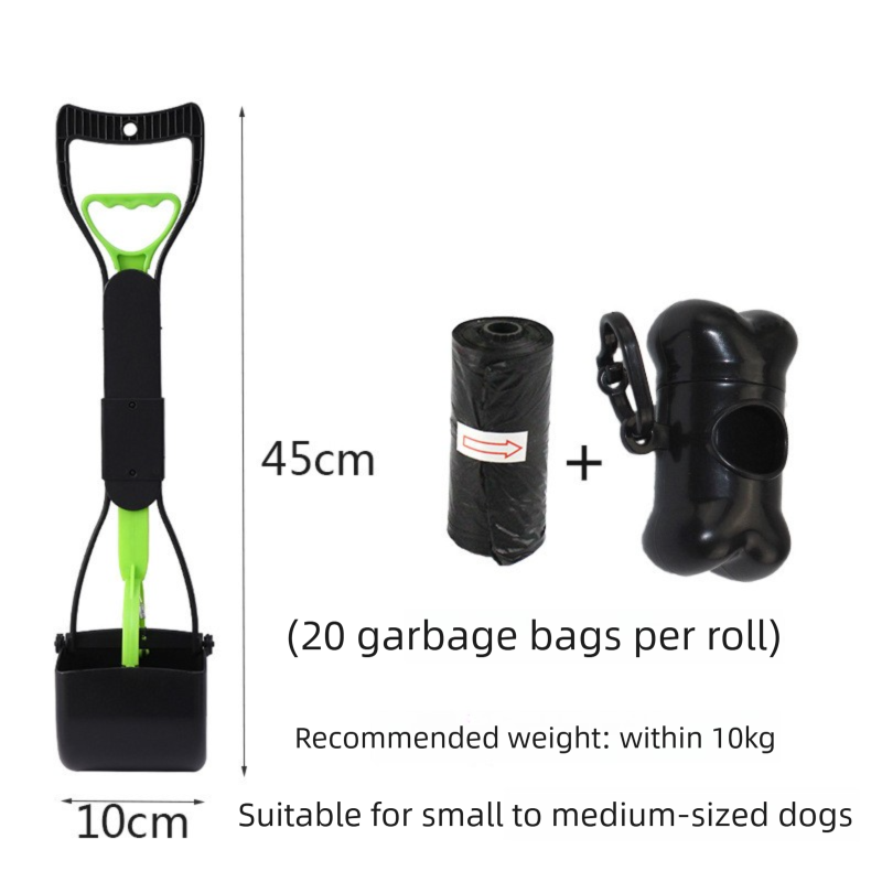 Medium Foldable Pet Pooper Scooper 45cm Portable Dog Waste Jaw Clamp with Bone Dispenser &amp; 20 Bags Green