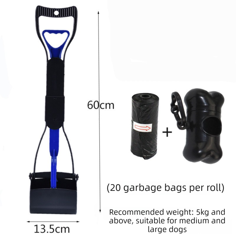 Large Foldable Pet Pooper Scooper 60cm Long Handle Dog Waste Picker Jaw Clamp with Bone Dispenser &amp; Bags Blue