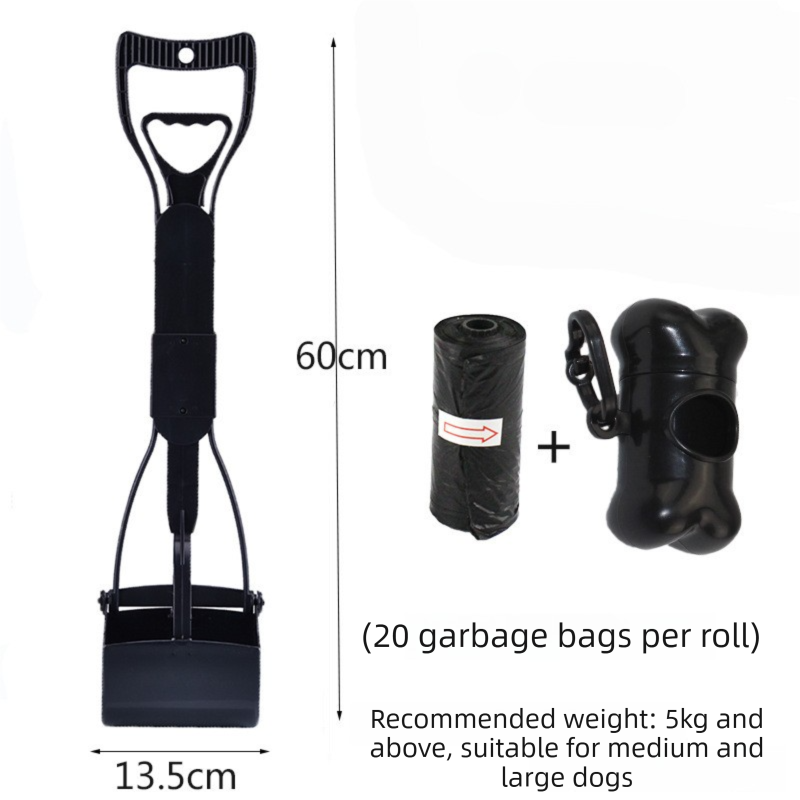 Large Foldable Pet Pooper Scooper 60cm Long Handle Dog Waste Picker Jaw Clamp with Bone Dispenser &amp; Bags Black