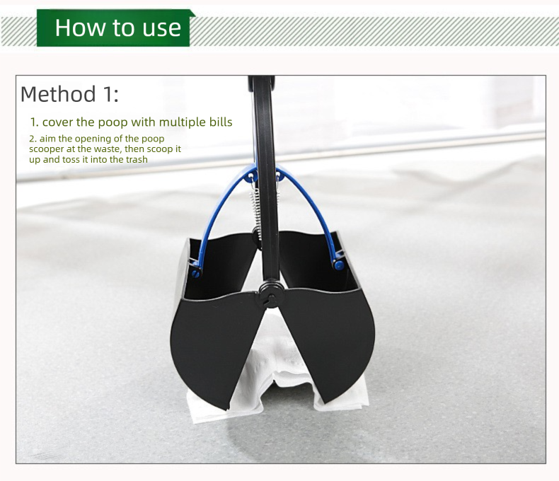 Large Foldable Pet Pooper Scooper 60cm Long Handle Dog Waste Picker Jaw Clamp with Bone Dispenser & Bags Black