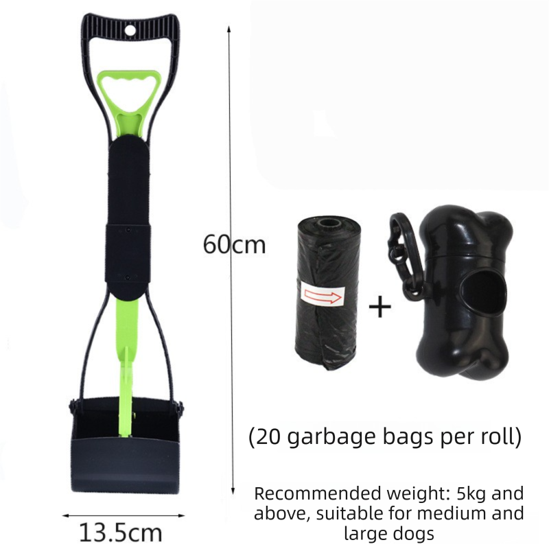 Large Foldable Pet Pooper Scooper 60cm Long Handle Dog Waste Picker Jaw Clamp with Bone Dispenser &amp; Bags Green