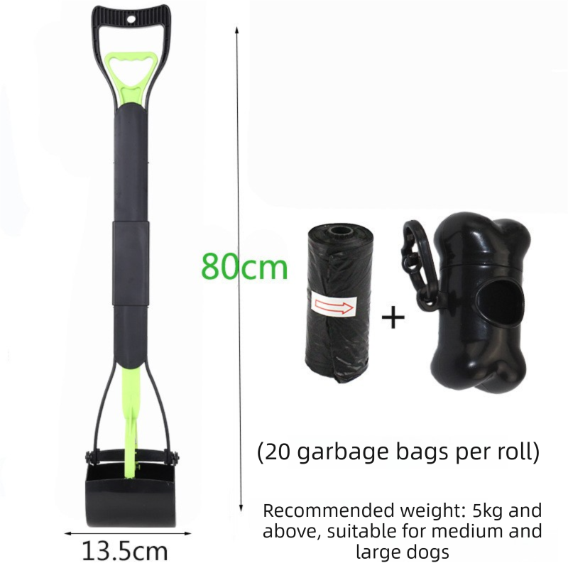 Super Long 80cm Foldable Pet Pooper Scooper Heavy Duty Dog Waste Picker No Bending Jaw Clamp with Dispenser &amp; Bags Green