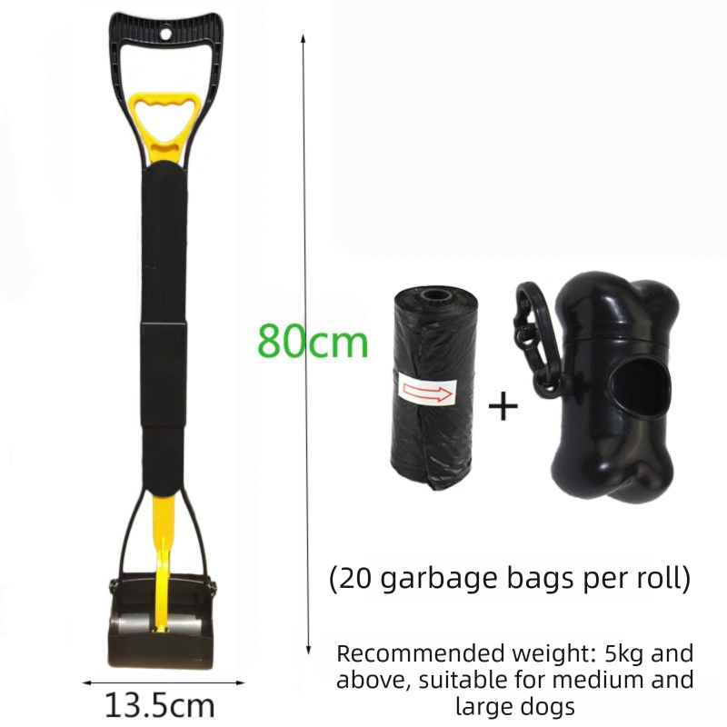 Super Long 80cm Foldable Pet Pooper Scooper Heavy Duty Dog Waste Picker No Bending Jaw Clamp with Dispenser & Bags Yellow