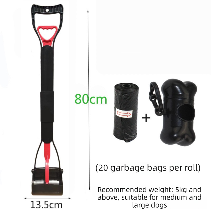 Super Long 80cm Foldable Pet Pooper Scooper Heavy Duty Dog Waste Picker No Bending Jaw Clamp with Dispenser &amp; Bags Red