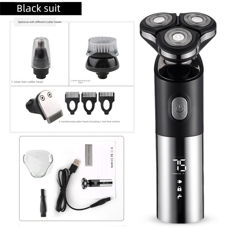 Men's 4-in-1 Electric Shaver Grooming Kit 3D Rotary Razor with Nose Trimmer Hair Clipper Facial Brush Wet &amp; Dry Waterproof Black