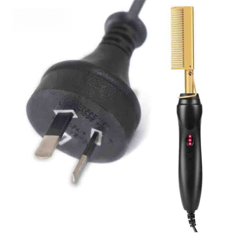 2-in-1 Electric Hot Comb Hair Straightener &amp; Curler Titanium Alloy Heating Fast Heat Up Anti-Scald Pressing Comb with AU Plug 3 Temp Settings Gold