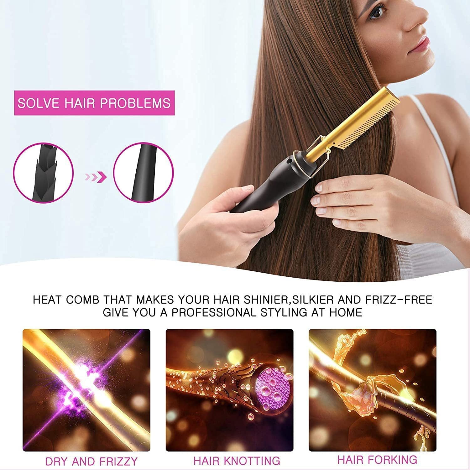 2-in-1 Electric Hot Comb Hair Straightener & Curler Titanium Alloy Heating Fast Heat Up Anti-Scald Pressing Comb with AU Plug 3 Temp Settings Black