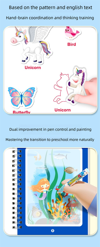 2 PCS Magic Water Colouring Book Mermaid & Unicorn Themes Reusable Painting Activity Set Mess Free Travel Toy for Kids