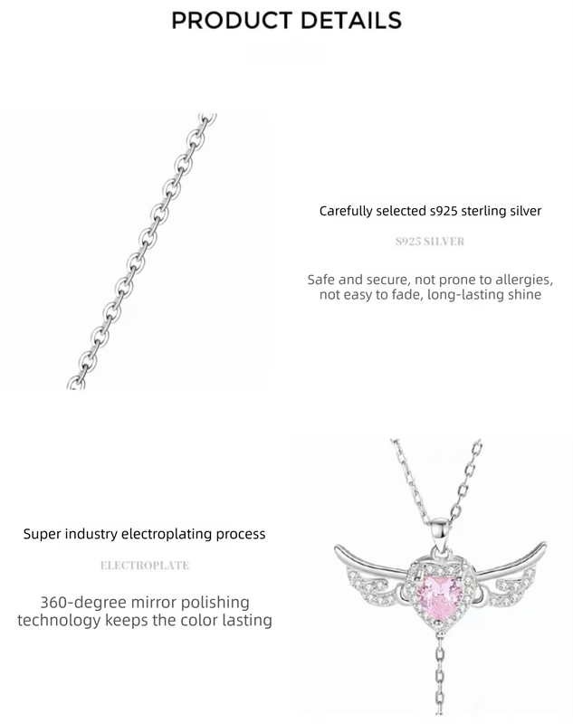 S925 Sterling Silver Angel Wings Necklace with Pink Heart Crystal & Tassel Drop Adjustable Chain Jewellery Gift for Her