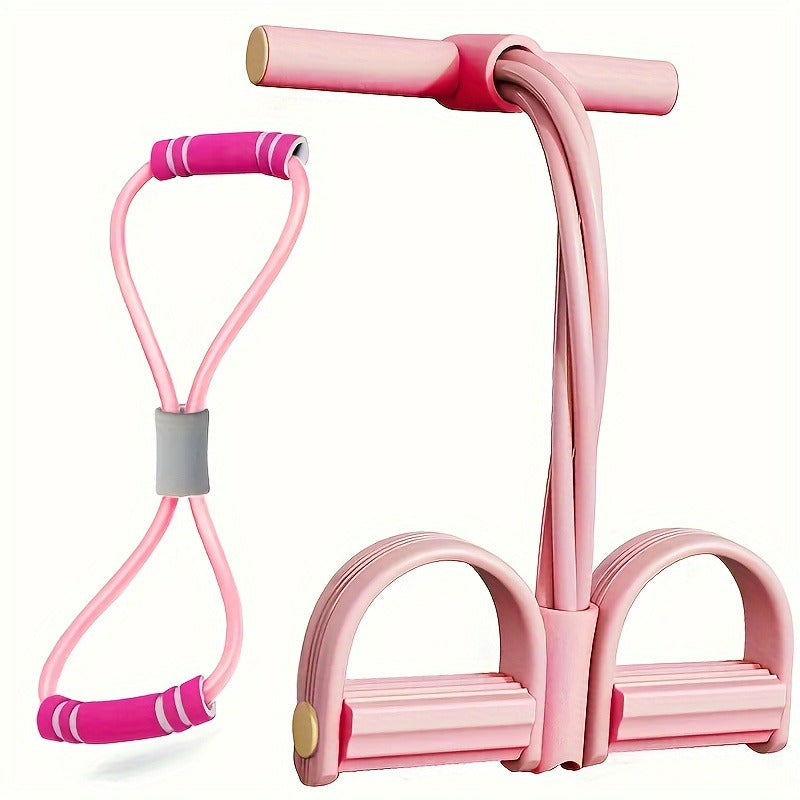 2 PCS 4-Tube Pedal Resistance Band &amp; Figure 8 Chest Expander Pink Elastic Sit Up Pull Rope for Home Gym Yoga Pilates